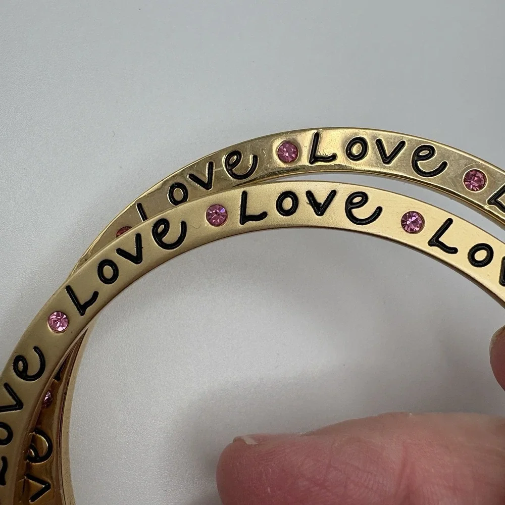 Vintage Bangle Bracelet Set Love Pink Stones Gold Tone Matte and Shiny 8.25